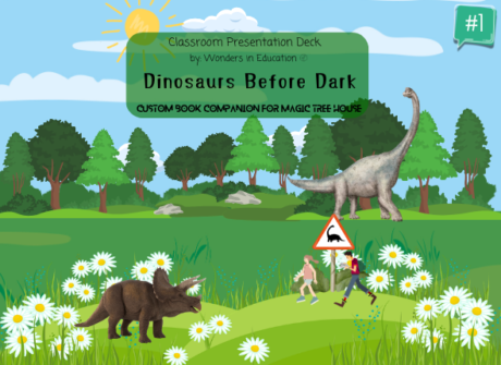 Cover of Dinosaurs Before Dark #1 Classroom Presentation Deck, a Magic Tree House book companion with Grade 2 grammar lessons.