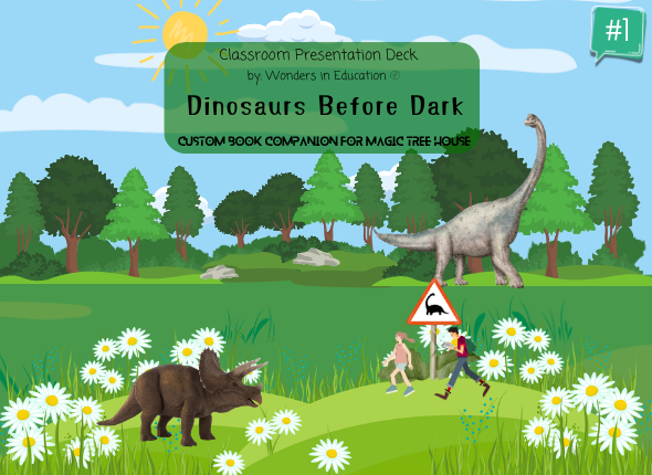 Cover of Dinosaurs Before Dark #1 Classroom Presentation Deck, a Magic Tree House book companion with Grade 2 grammar lessons.