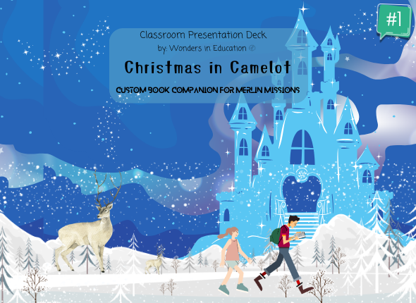 Cover of Christmas in Camelot #1 Classroom Presentation Deck, a Magic Tree House Merlin Missions book companion with Grade 3 grammar lessons.