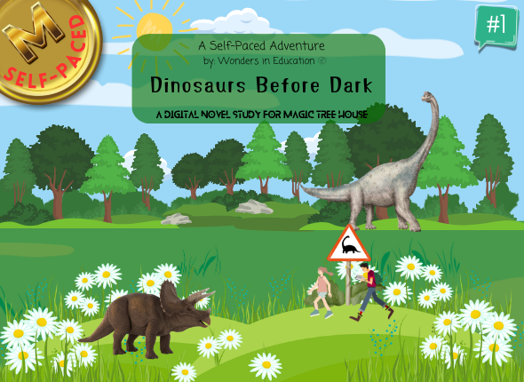 Digital cover for Dinosaurs Before Dark #1 interactive game and self-paced student-led ELA lesson.