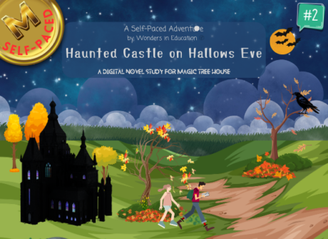 Cover of Haunted Castle on Hallows Eve #2 self-guided novel study containing interactive hotspot labeling games and student-led ELA paths.