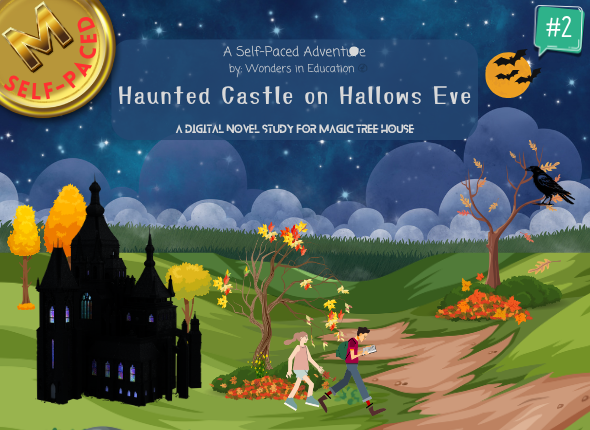 Cover of Haunted Castle on Hallows Eve #2 self-guided novel study containing interactive hotspot labeling games and student-led ELA paths.