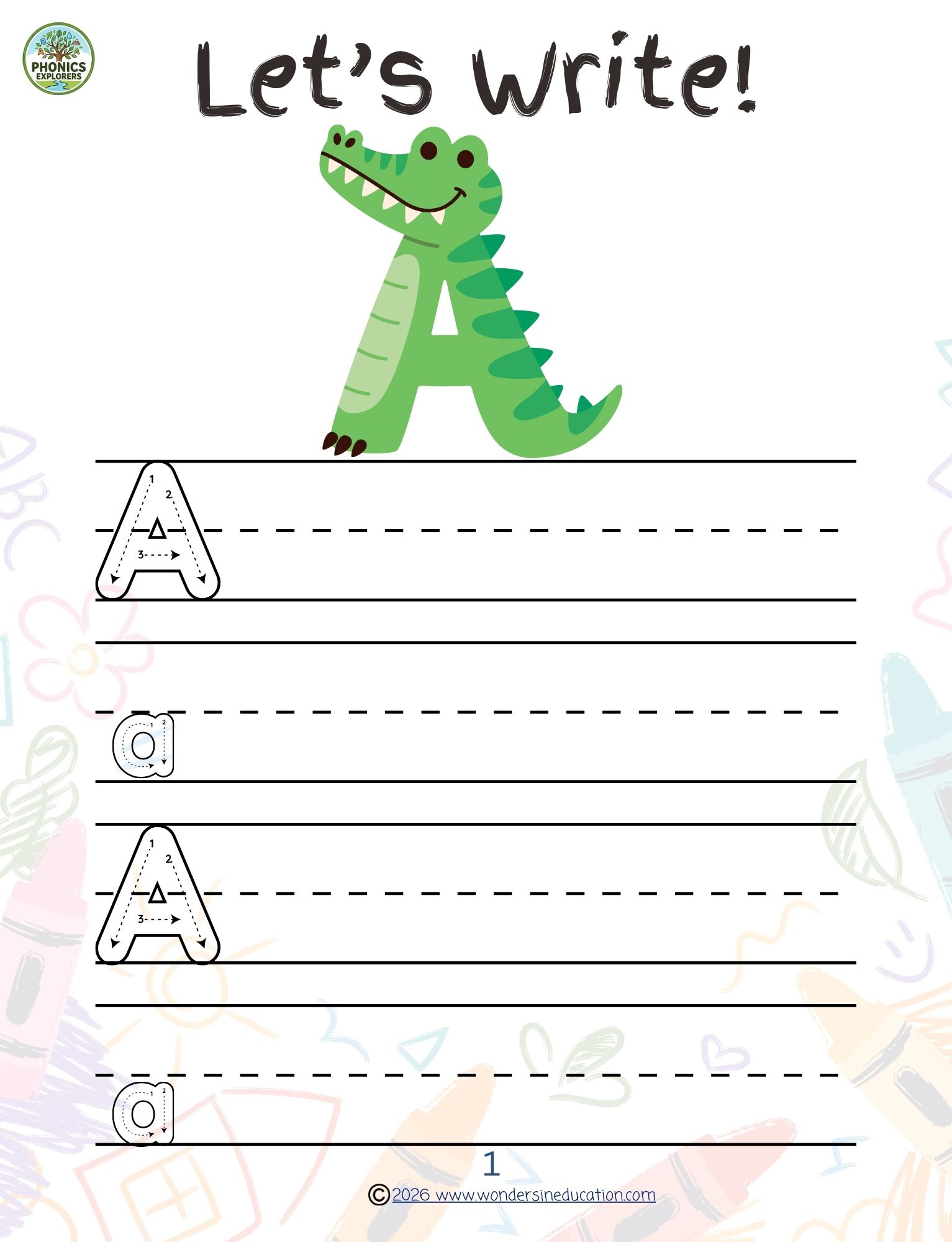 A black and white primary line handwriting worksheet titled Let's Write! with a green cartoon alligator shaped like a capital letter A. It shows uppercase A and lowercase a bubble outlines with numbered arrows demonstrating correct stroke direction for tracking.