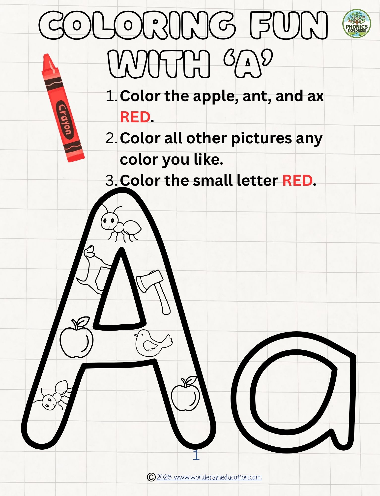 An alphabet activity worksheet titled Coloring Fun with A on a grid background. It features a numbered color-by-code list alongside a large capital letter A filled with small initial sound items like an apple and ant next to a large lowercase letter a outline.