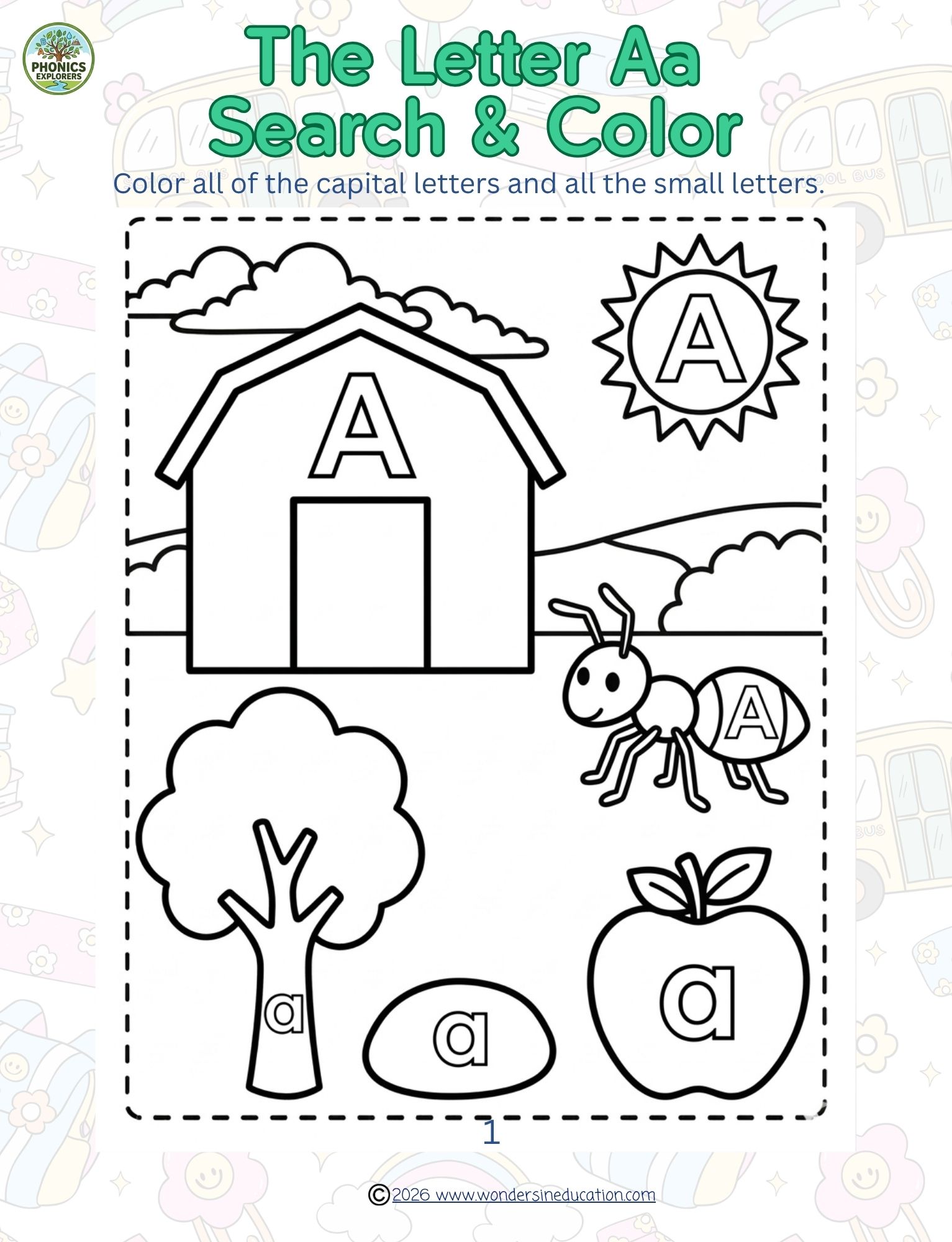 A black and white preschool alphabet worksheet titled The Letter Aa Search & Color. It features an outdoor scene with a barn, sun, ant, tree, rock, and apple, each containing hidden uppercase A and lowercase a letters for students to find and color.