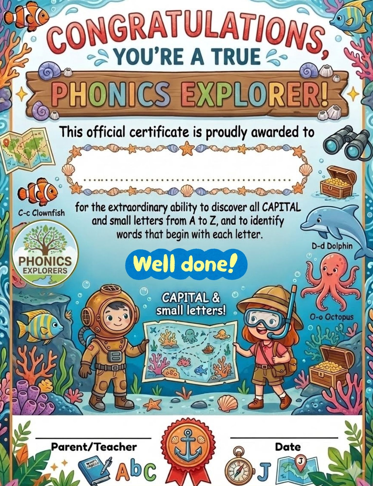 A colorful underwater ocean themed award certificate titled Congratulations, You're a True Phonics Explorer! It features two cartoon children exploring a coral reef with an alphabet map alongside a dolphin, octopus, clownfish, and a signature line for parents or teachers.