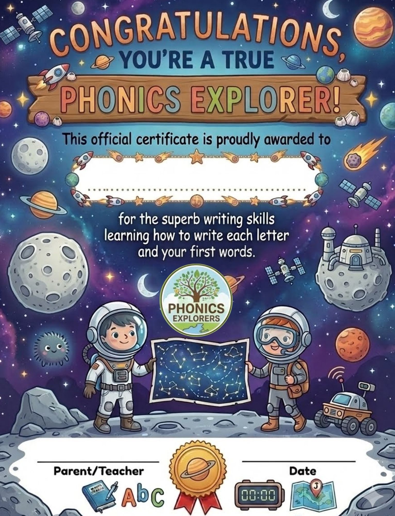 A colorful space themed award certificate titled Congratulations, You're a True Phonics Explorer! It features two cartoon children in astronaut suits on the moon holding a star map, surrounded by planets, rockets, and signature lines for parents or teachers.