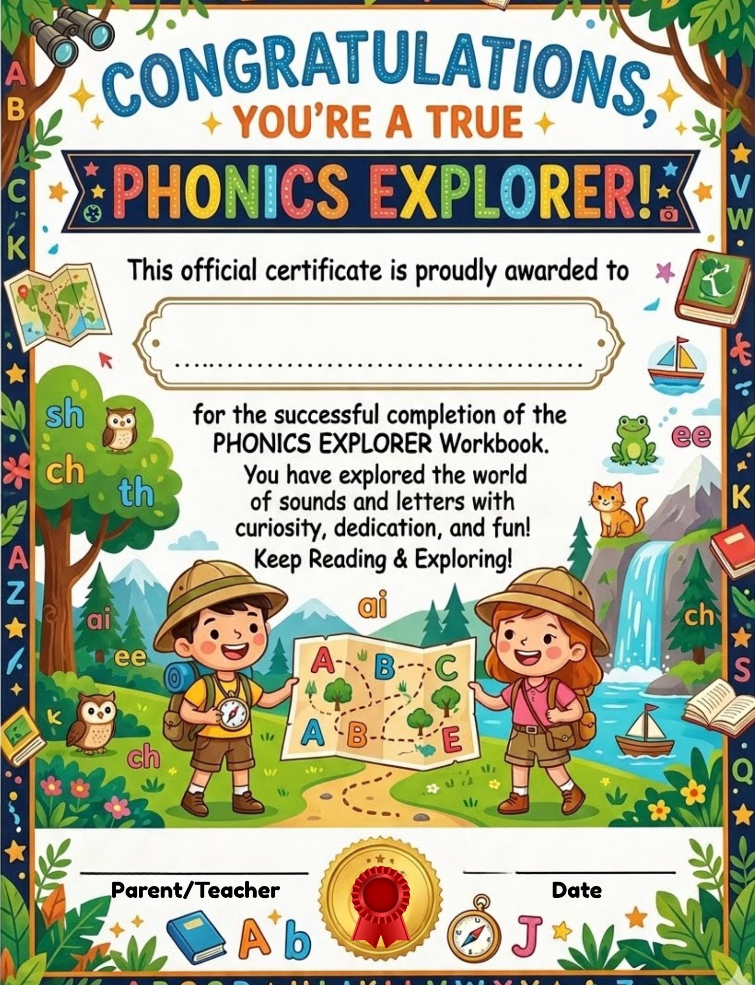 An educational award printable titled Congratulations, You're a True Phonics Explorer! featuring two cartoon safari kids holding an A-B-C map. The portrait layout includes a blank scroll banner for a child's name, signature lines, and floating phonics sounds like ch, sh, and ee.