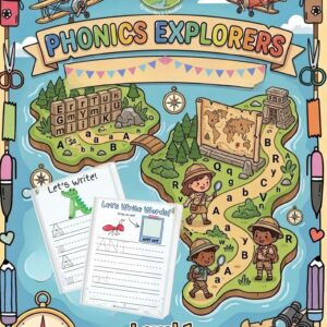 An educational product cover showing a safari explorer theme titled Phonics Explorers Level One Phonics Fundamentals. It displays two sample handwriting worksheets for tracing uppercase and lowercase letters with stroke arrows and writing whole words on primary guidelines.