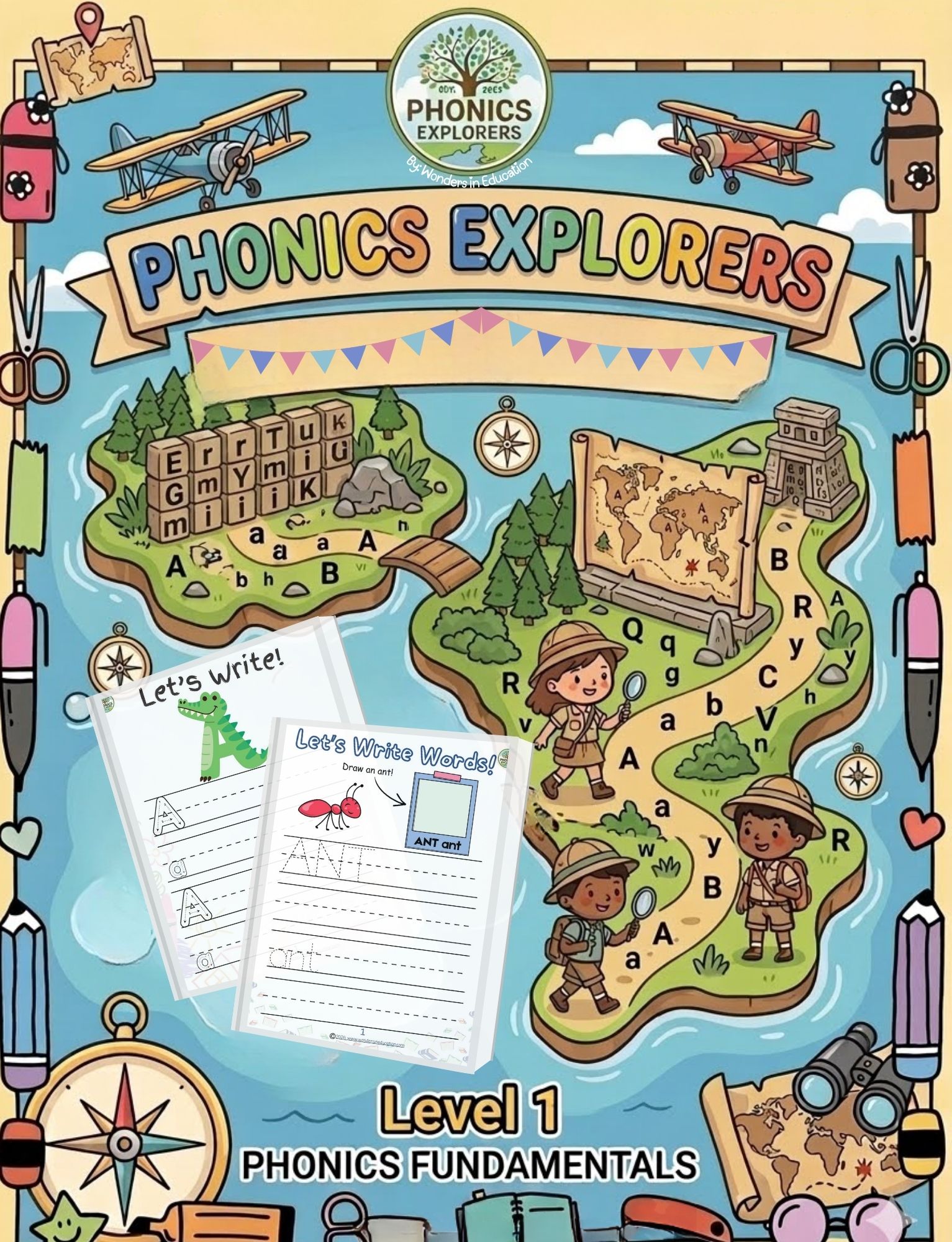An educational product cover showing a safari explorer theme titled Phonics Explorers Level One Phonics Fundamentals. It displays two sample handwriting worksheets for tracing uppercase and lowercase letters with stroke arrows and writing whole words on primary guidelines.