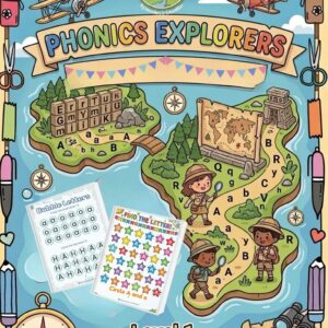An educational product cover showing an adventure safari theme titled Phonics Explorers Level One Phonics Fundamentals. It displays two sample alphabet worksheets for finding, circling, and tracking uppercase and lowercase letters.