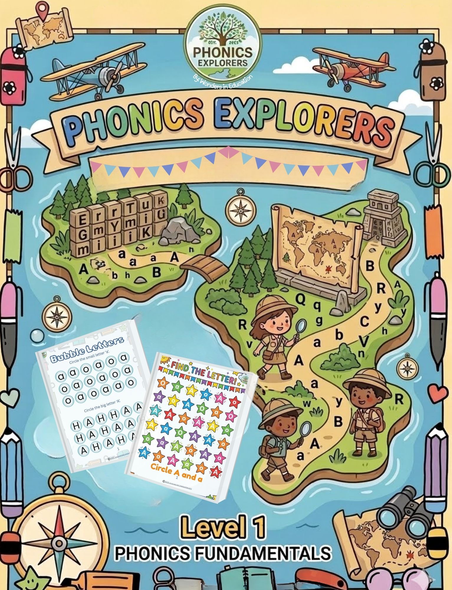 An educational product cover showing an adventure safari theme titled Phonics Explorers Level One Phonics Fundamentals. It displays two sample alphabet worksheets for finding, circling, and tracking uppercase and lowercase letters.