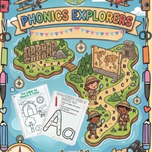 An educational product cover showing an adventure safari theme titled Phonics Explorers Level One Phonics Fundamentals. It displays two sample alphabet worksheets for search and color hidden picture activities and beginning sound letter discrimination.