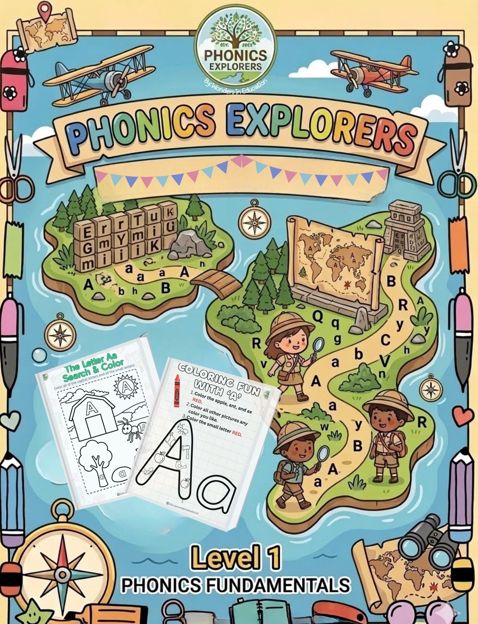 An educational product cover showing an adventure safari theme titled Phonics Explorers Level One Phonics Fundamentals. It displays two sample alphabet worksheets for search and color hidden picture activities and beginning sound letter discrimination.