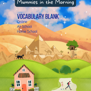 Educational cover for Magic Tree House #3: Mummies in the Morning blank vocabulary template, featuring an illustrated landscape with pyramids, a black cat, a house, and a treehouse.