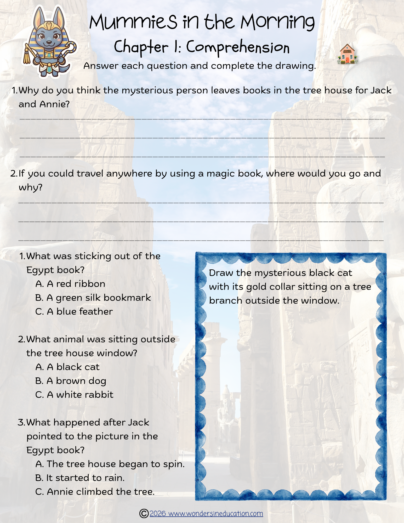 Educational reading comprehension worksheet for Magic Tree House: Mummies in the Morning Chapter 1, featuring short-answer questions, multiple-choice options, and a drawing prompt box.