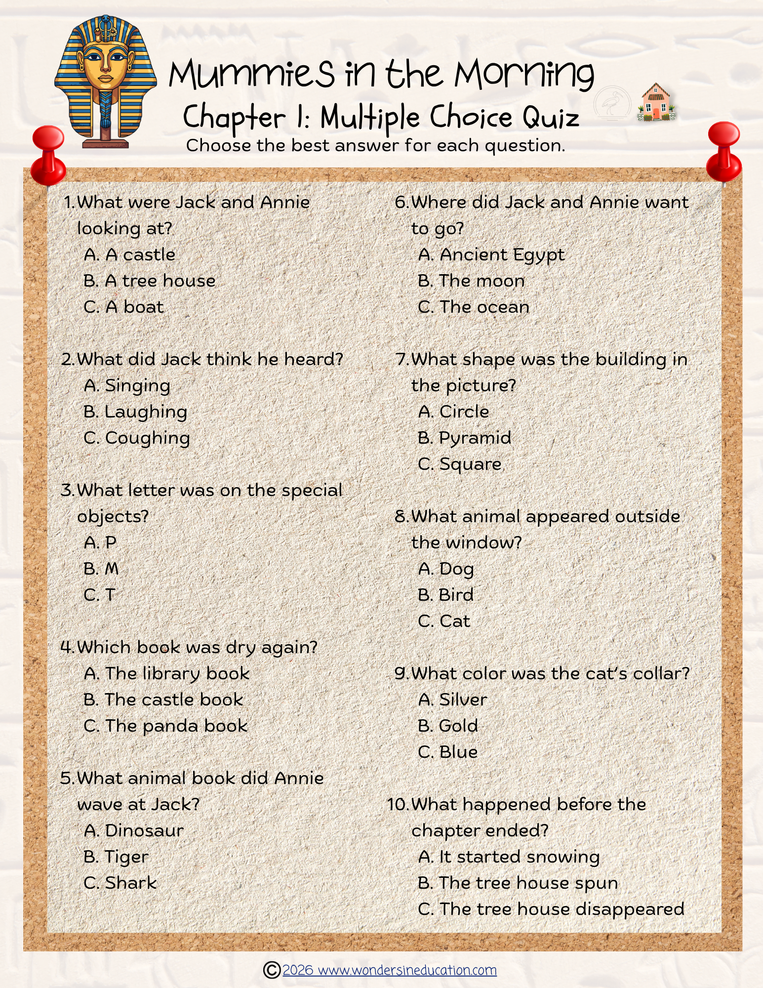 Educational reading quiz worksheet for Magic Tree House: Mummies in the Morning Chapter 1, featuring ten multiple-choice comprehension questions designed like a pinned parchment note.