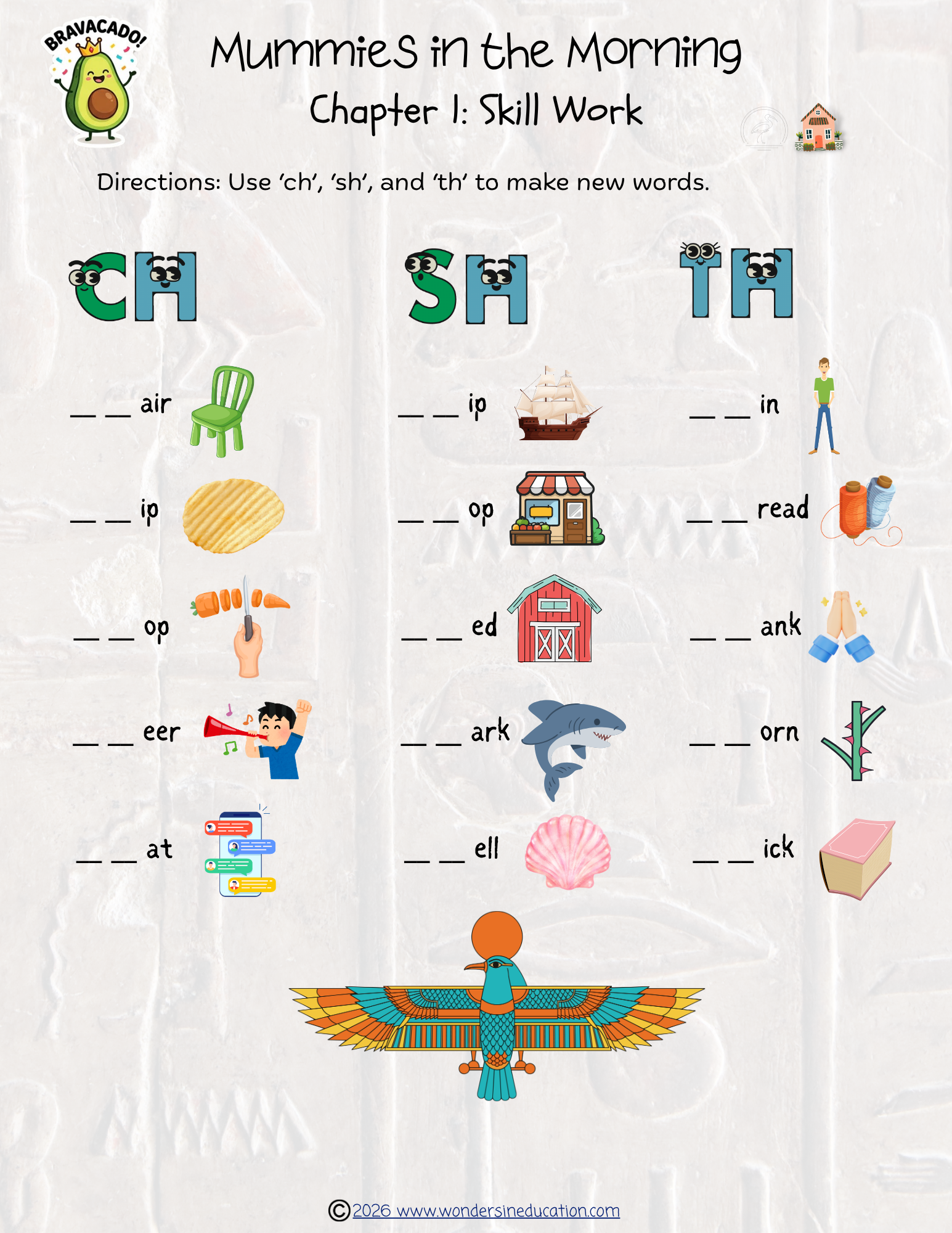 Educational phonics practice worksheet for Magic Tree House: Mummies in the Morning Chapter 1, featuring fill-in-the-blank digraph matching questions for ch, sh, and th with colorful icon clues.