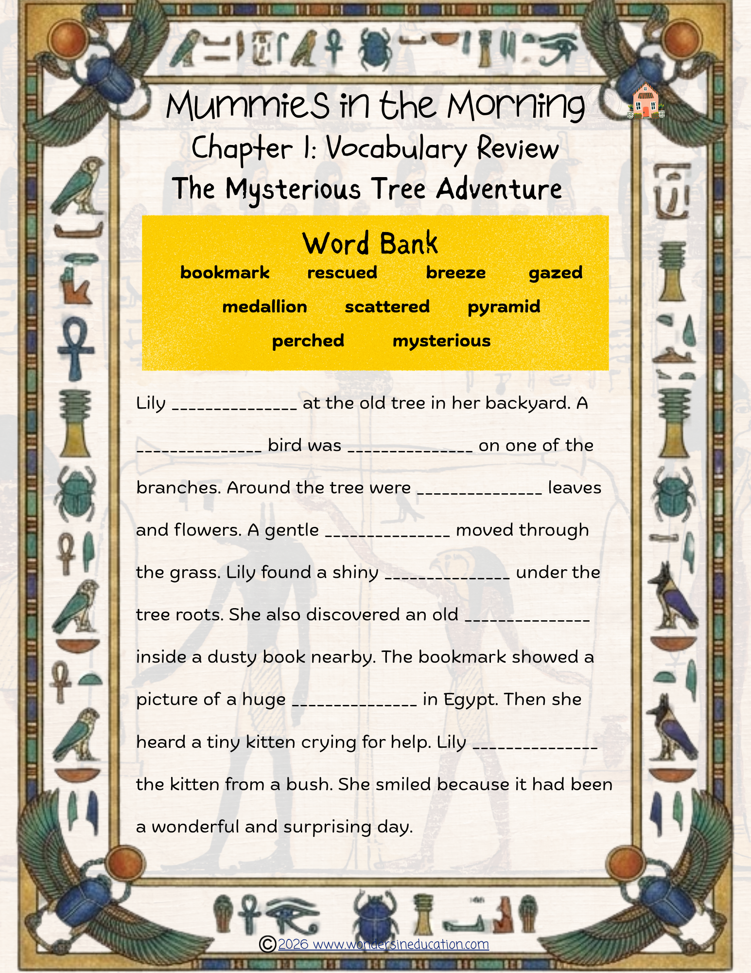 Educational vocabulary cloze activity worksheet for Magic Tree House: Mummies in the Morning Chapter 1, featuring a fill-in-the-blank story with a yellow word bank framed by an Egyptian hieroglyphic border.
