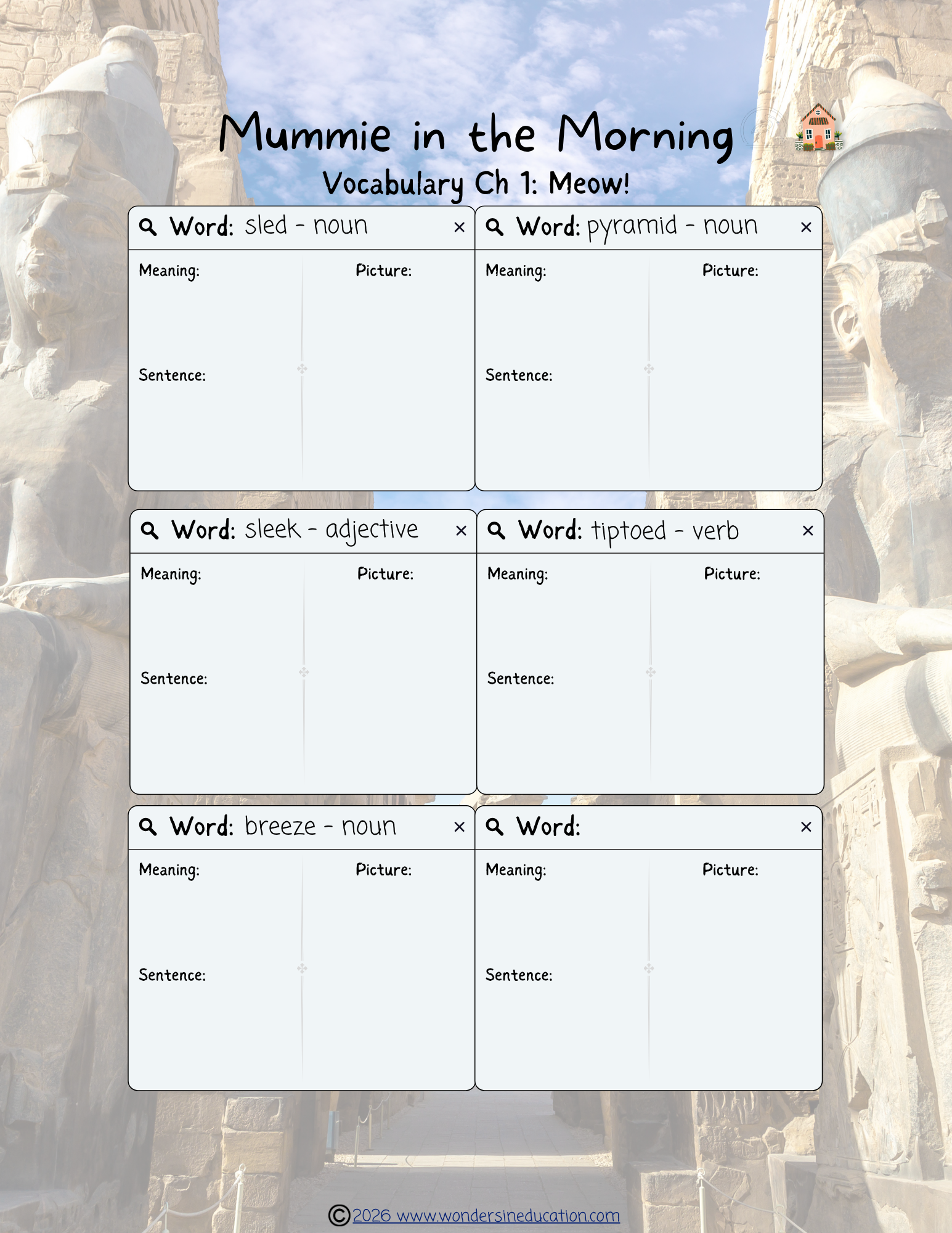 Educational vocabulary worksheet for Magic Tree House: Mummies in the Morning Chapter 1, featuring boxes for words, meanings, pictures, and sentences against an Egyptian temple background.
