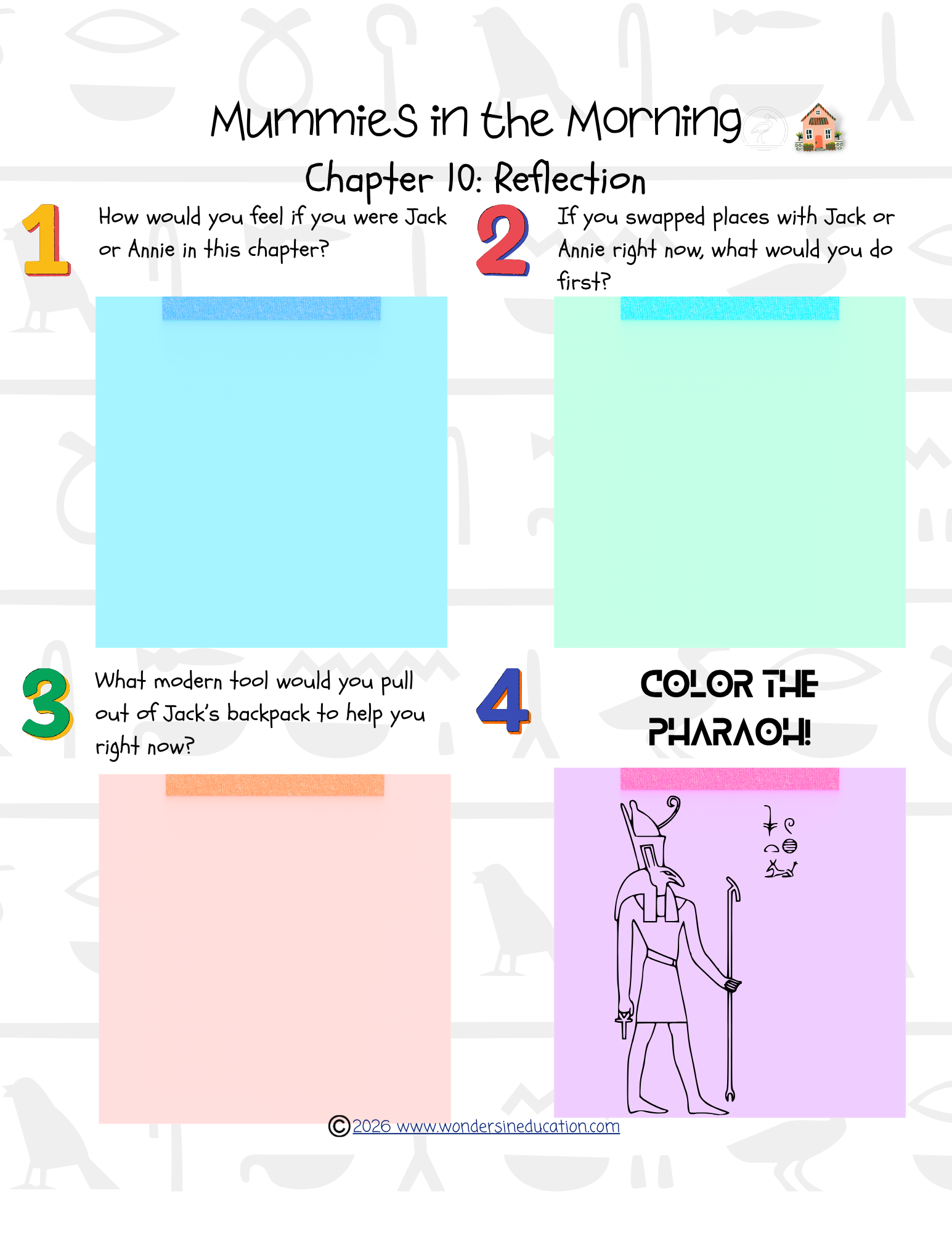 Educational reading reflection worksheet for Magic Tree House: Mummies in the Morning Chapter 10, featuring comprehension prompts on colored sticky notes and an Egyptian deity coloring section.