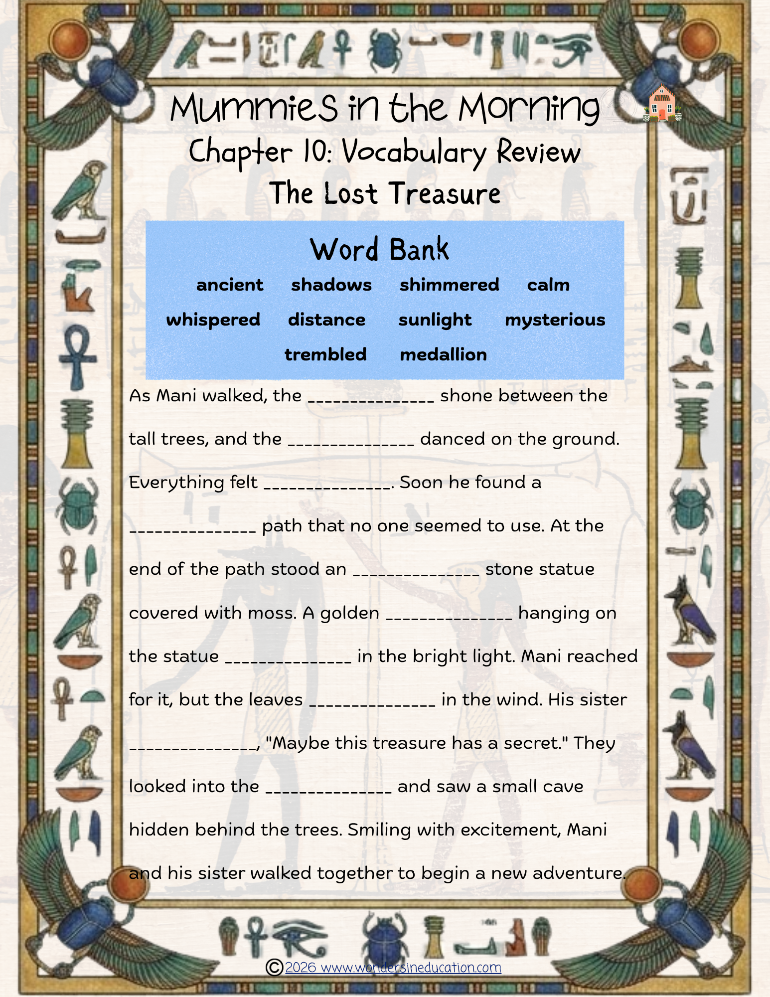 Educational vocabulary cloze activity worksheet for Magic Tree House: Mummies in the Morning Chapter 10, featuring a fill-in-the-blank story with a blue word bank framed by an Egyptian hieroglyphic border.