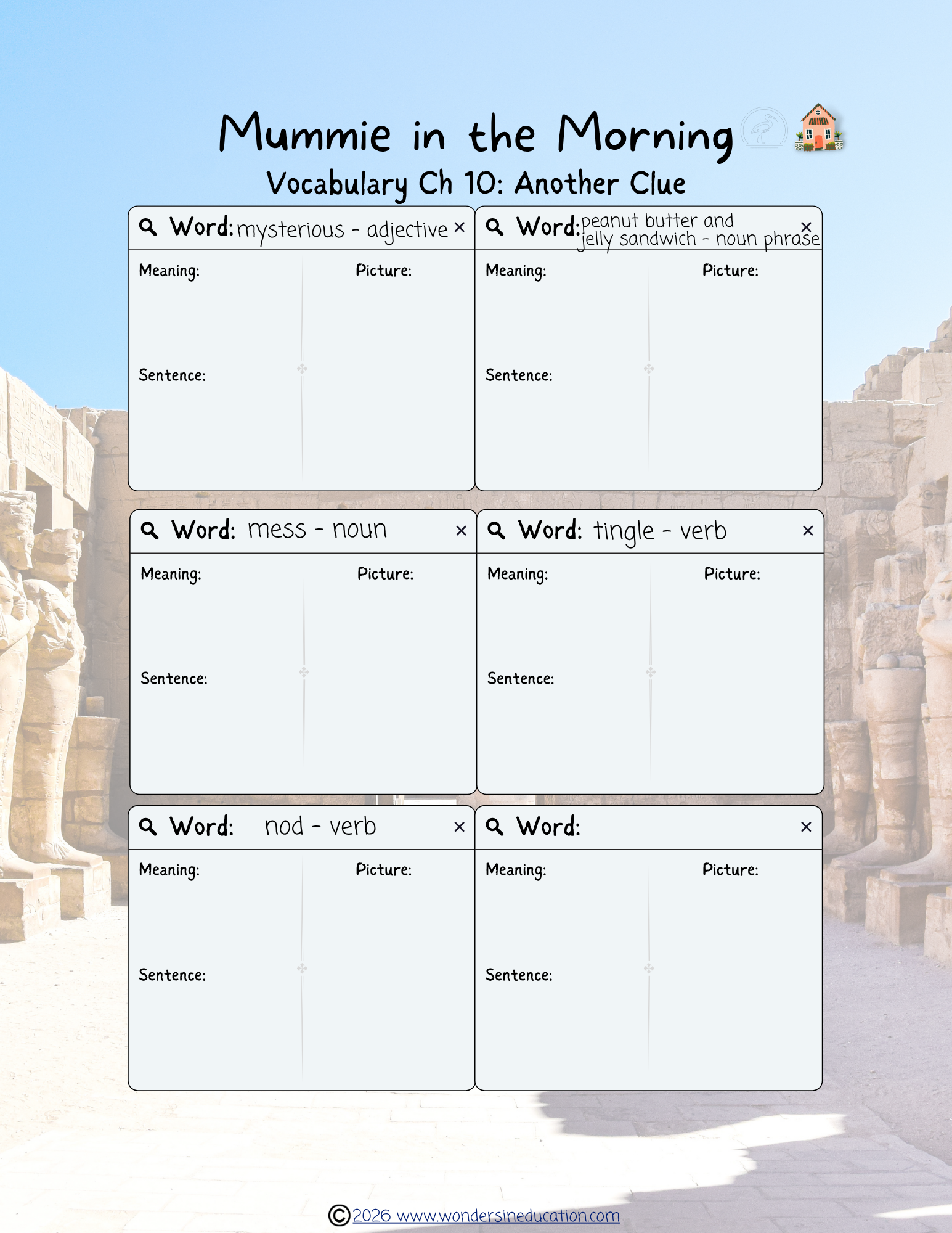 Educational vocabulary worksheet for Magic Tree House: Mummies in the Morning Chapter 10, featuring fill-in boxes for definitions, drawings, and sentences against an Egyptian ruins background.