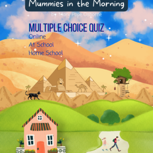 Educational cover for Magic Tree House #3: Mummies in the Morning multiple-choice quiz bundle, featuring a colorful landscape with pyramids, a black cat, a peach house, and a treehouse.