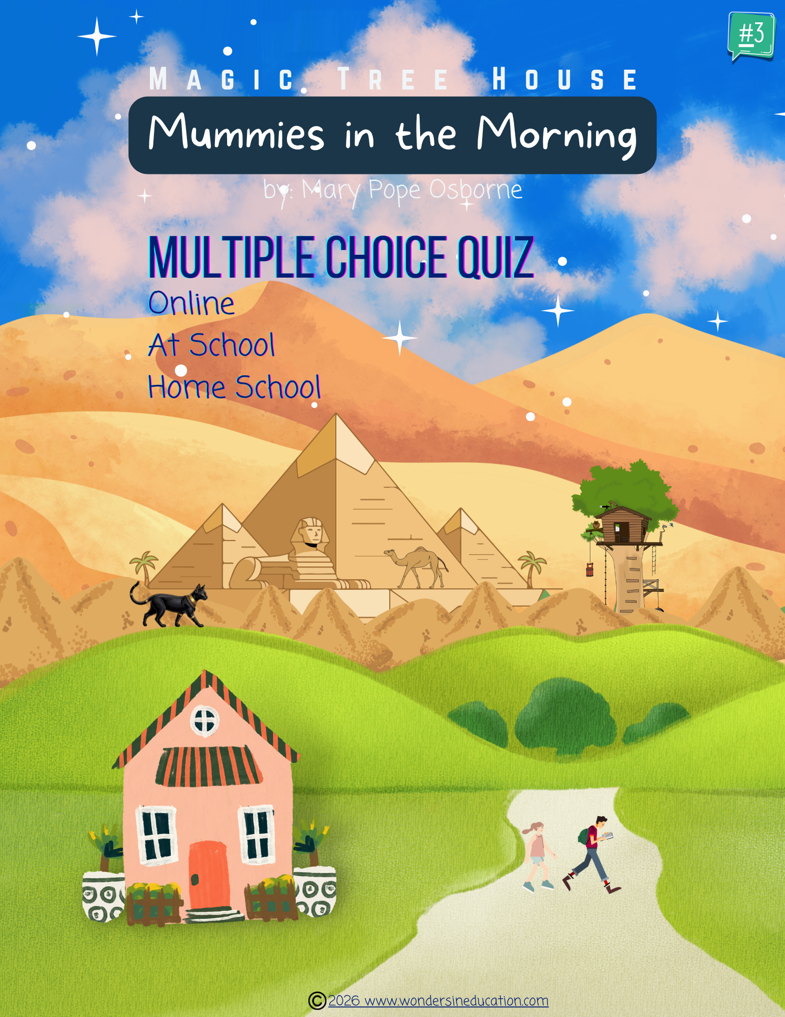 Educational cover for Magic Tree House #3: Mummies in the Morning multiple-choice quiz bundle, featuring a colorful landscape with pyramids, a black cat, a peach house, and a treehouse.