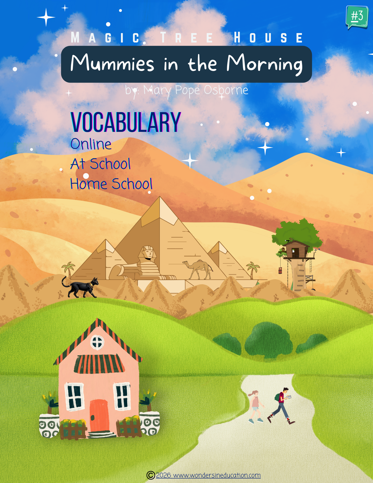 Educational cover for Magic Tree House #3: Mummies in the Morning vocabulary, showing a whimsical landscape with a house, pyramids, a black cat, and the magic tree house.