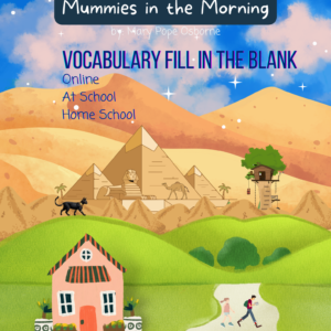 Educational cover for Magic Tree House #3: Mummies in the Morning vocabulary fill in the blank packet, featuring an illustrated landscape with pyramids, a peach house, and a treehouse.