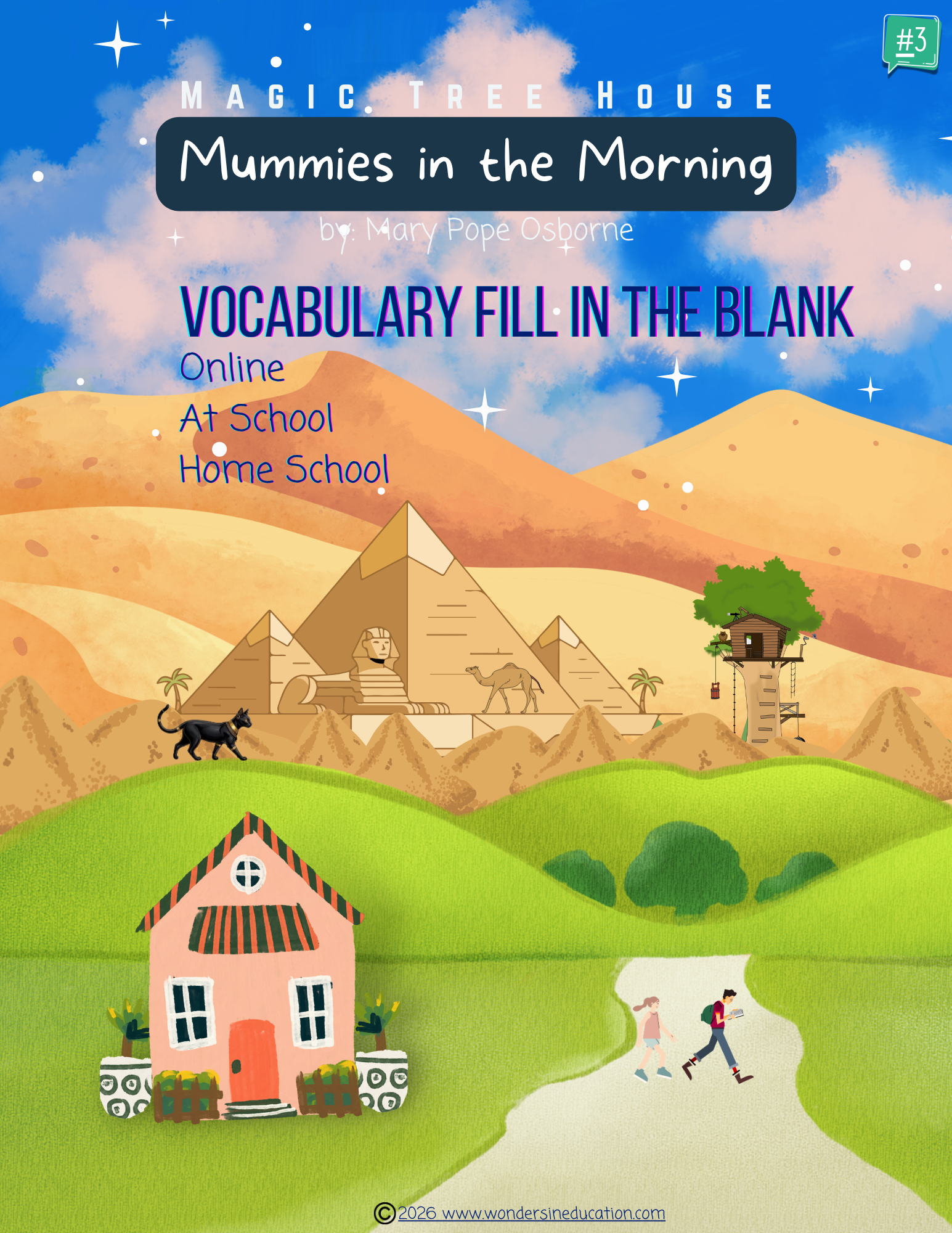 Educational cover for Magic Tree House #3: Mummies in the Morning vocabulary fill in the blank packet, featuring an illustrated landscape with pyramids, a peach house, and a treehouse.