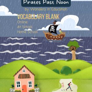 Independent study guide cover page titled Vocabulary Blank for Magic Tree House Book 4 Pirates Past Noon, showing a house, children, a treehouse, and a pirate ship in the rain.