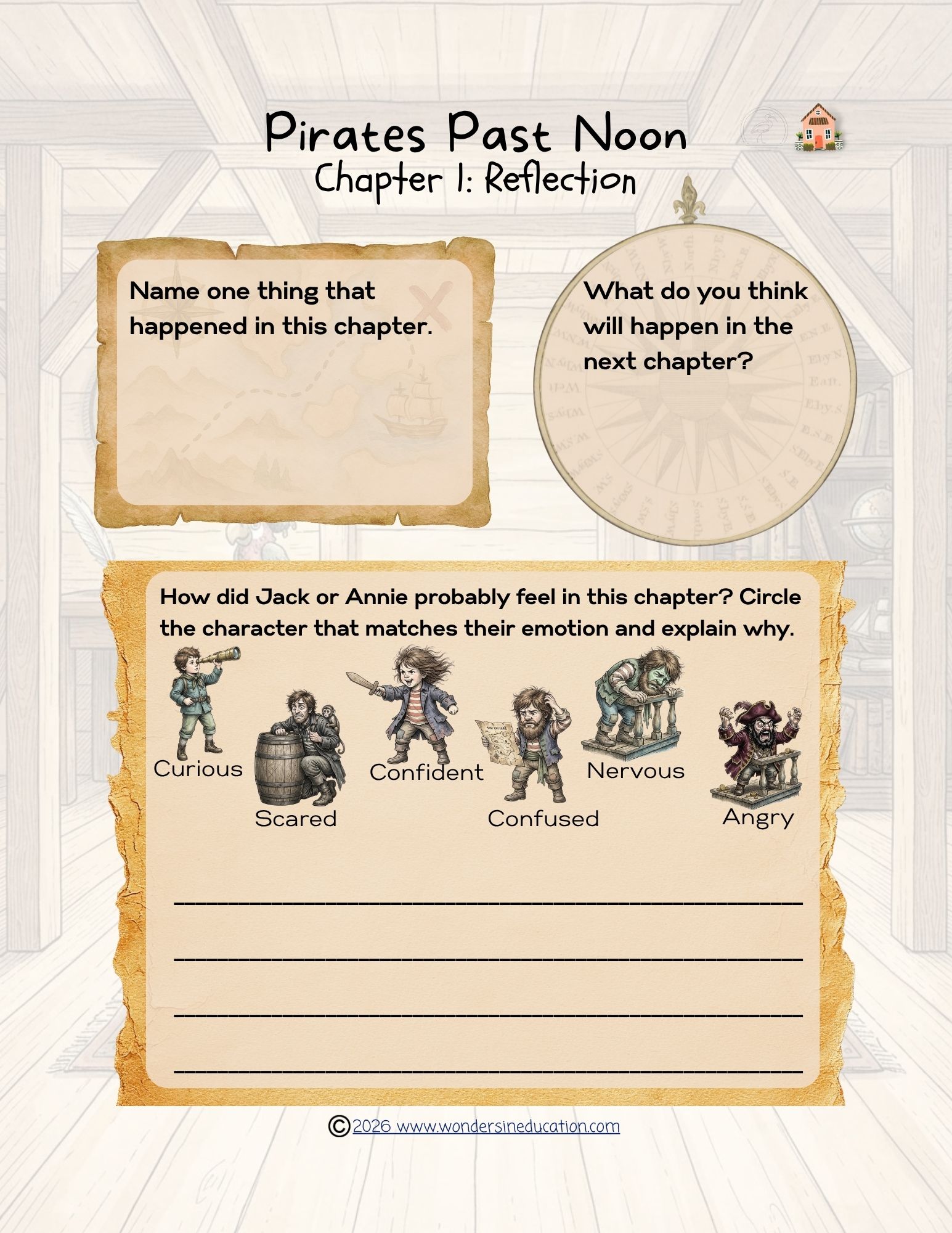 Pirates Past Noon Chapter 1 reading reflection worksheet with parchment paper prompt boxes, a nautical compass background, and six cartoon pirate emotion figures.