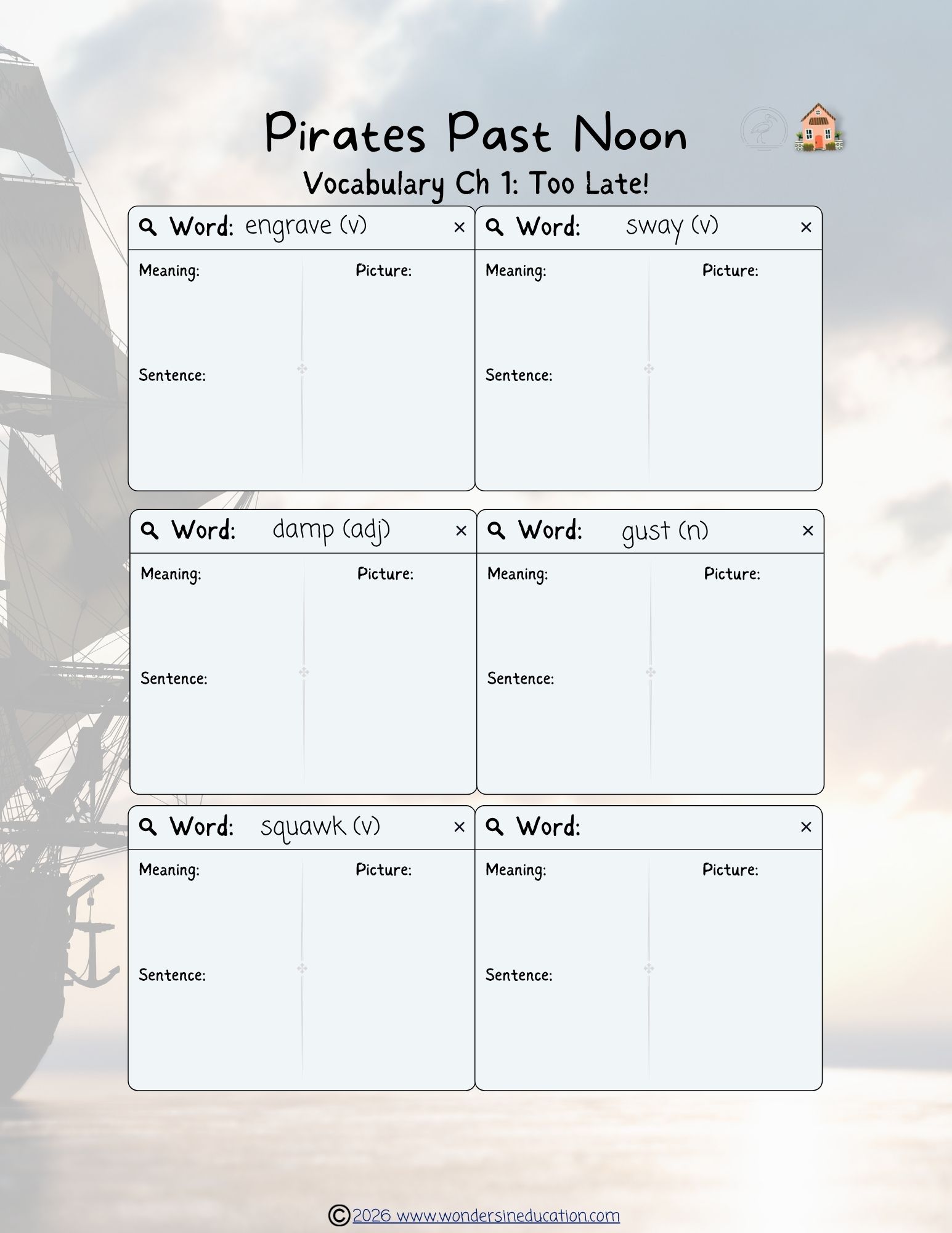 Filled-in vocabulary worksheet for Pirates Past Noon Chapter 1 featuring the target words engrave, sway, damp, gust, and squawk in graphic organizer boxes.