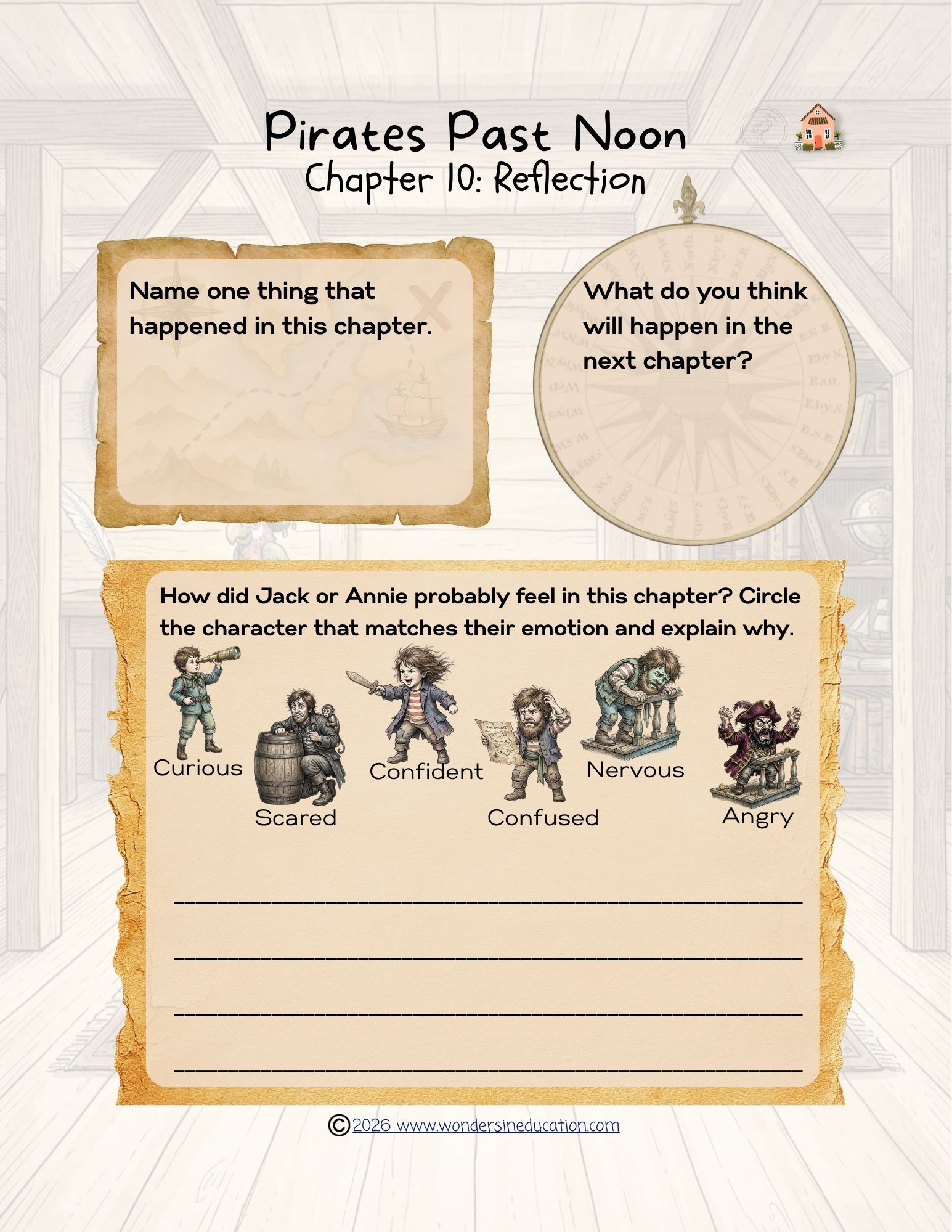Pirates Past Noon Chapter 10 reading reflection worksheet with parchment paper prompt boxes, a nautical compass background, and six cartoon pirate emotion figures.