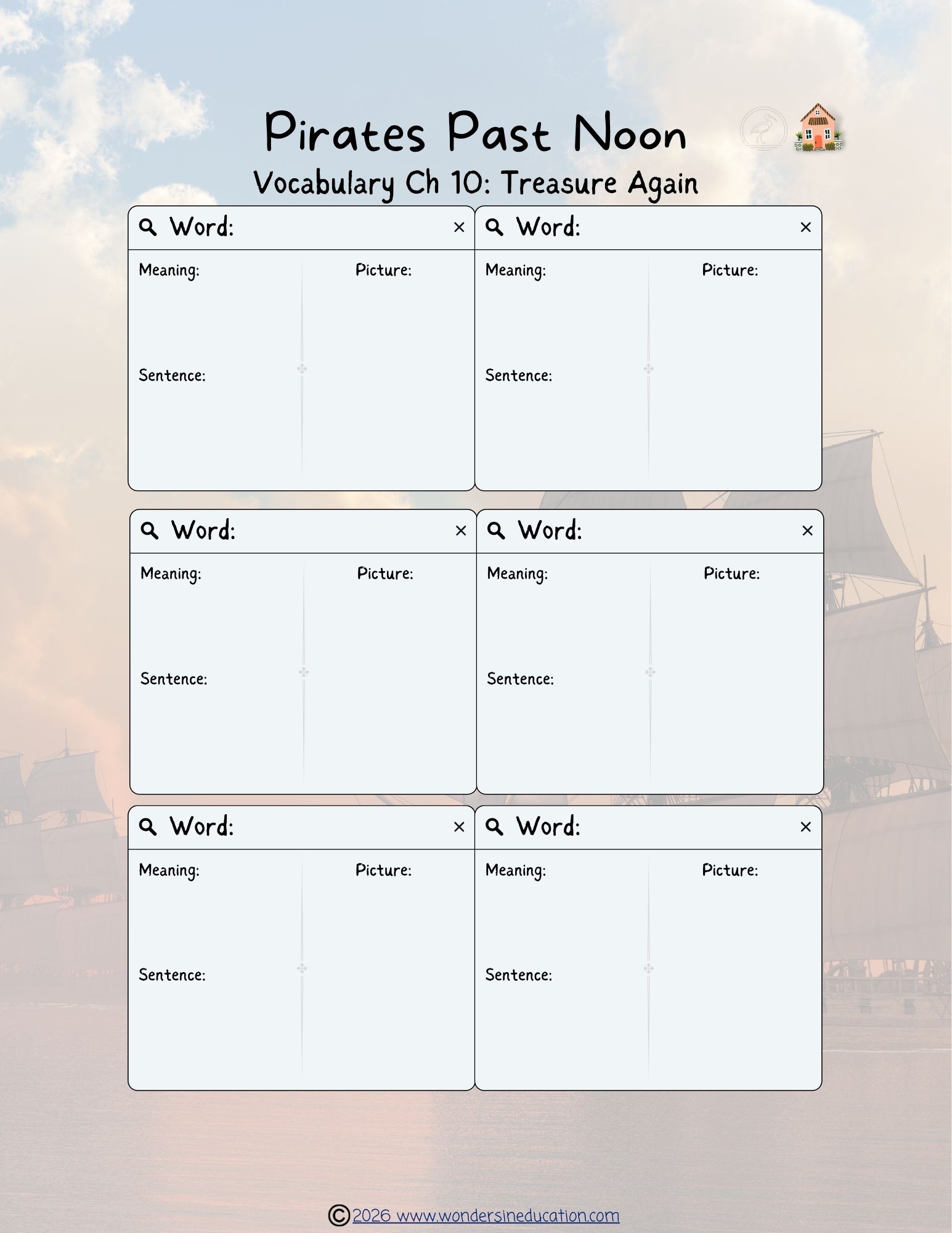 Pirates Past Noon Chapter 10 vocabulary student worksheet template featuring six empty text boxes over a background of large wooden pirate ships on calm water.
