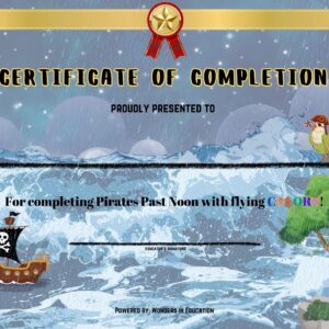 Printable Certificate of Completion award for the book Pirates Past Noon by Mary Pope Osborne, featuring a cartoon pirate ship, stormy ocean waves, and a gold medal ribbon on a rainy background.
