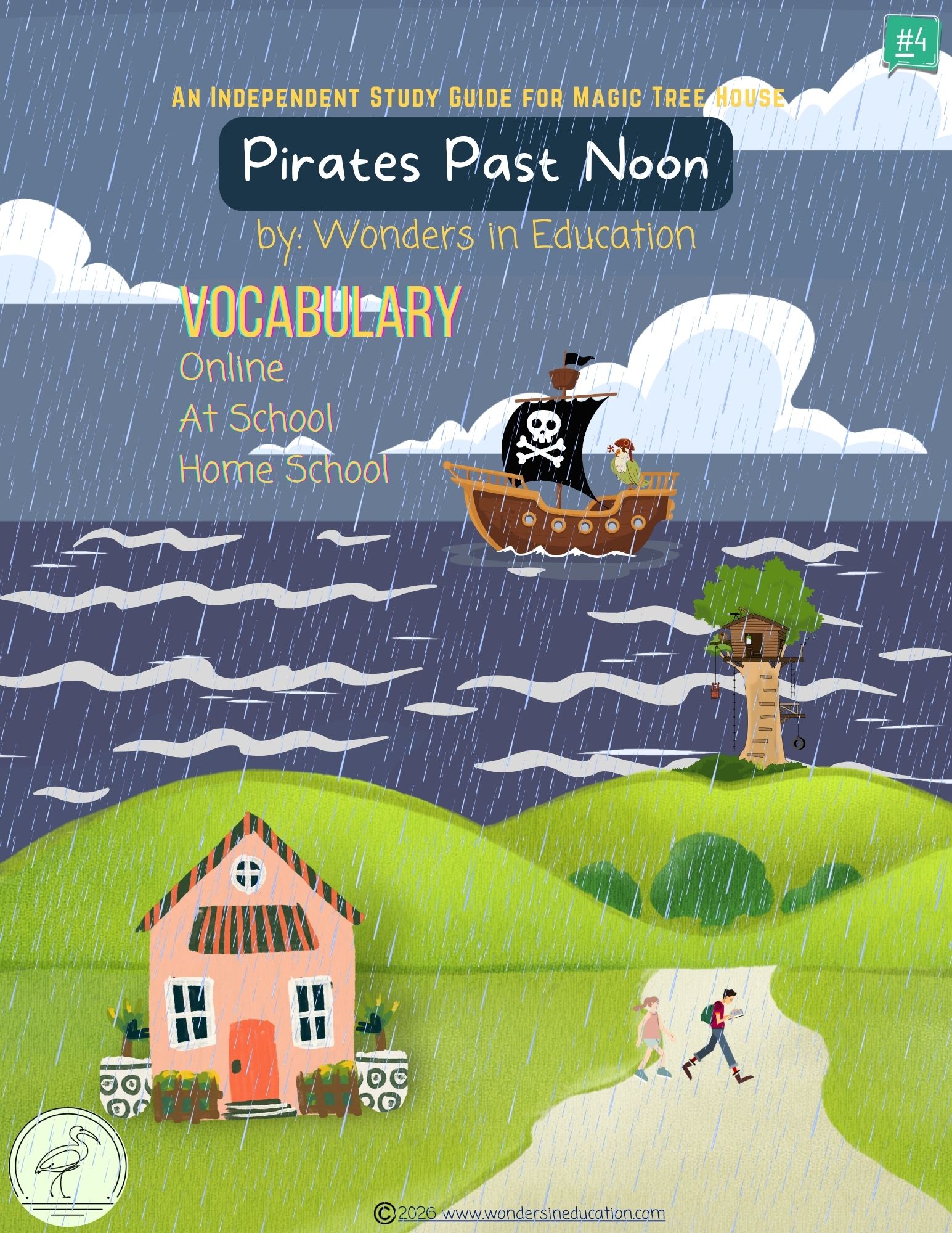 Magic Tree House novel study unit vocabulary cover page for book 4 Pirates Past Noon featuring kids, a treehouse, and a pirate ship in the rain.