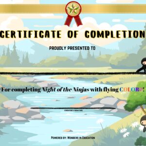 A printable cartoon Certificate of Completion for Magic Tree House Book 5 Night of the Ninjas by Wonders in Education, featuring a river landscape, cute ninjas, a traditional Japanese building, and a treehouse.