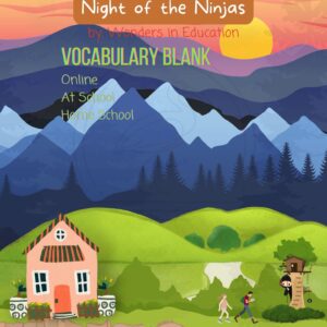 Cover of an independent blank vocabulary study guide worksheet for Magic Tree House Book 5 Night of the Ninjas by Wonders in Education, showing a cartoon landscape with mountains, a house, children, and a treehouse.
