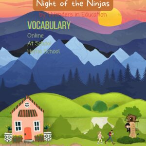 Cover of an independent vocabulary study guide for Magic Tree House Book 5 Night of the Ninjas by Wonders in Education, featuring a cartoon illustration of mountains, a house, children walking, and a treehouse.