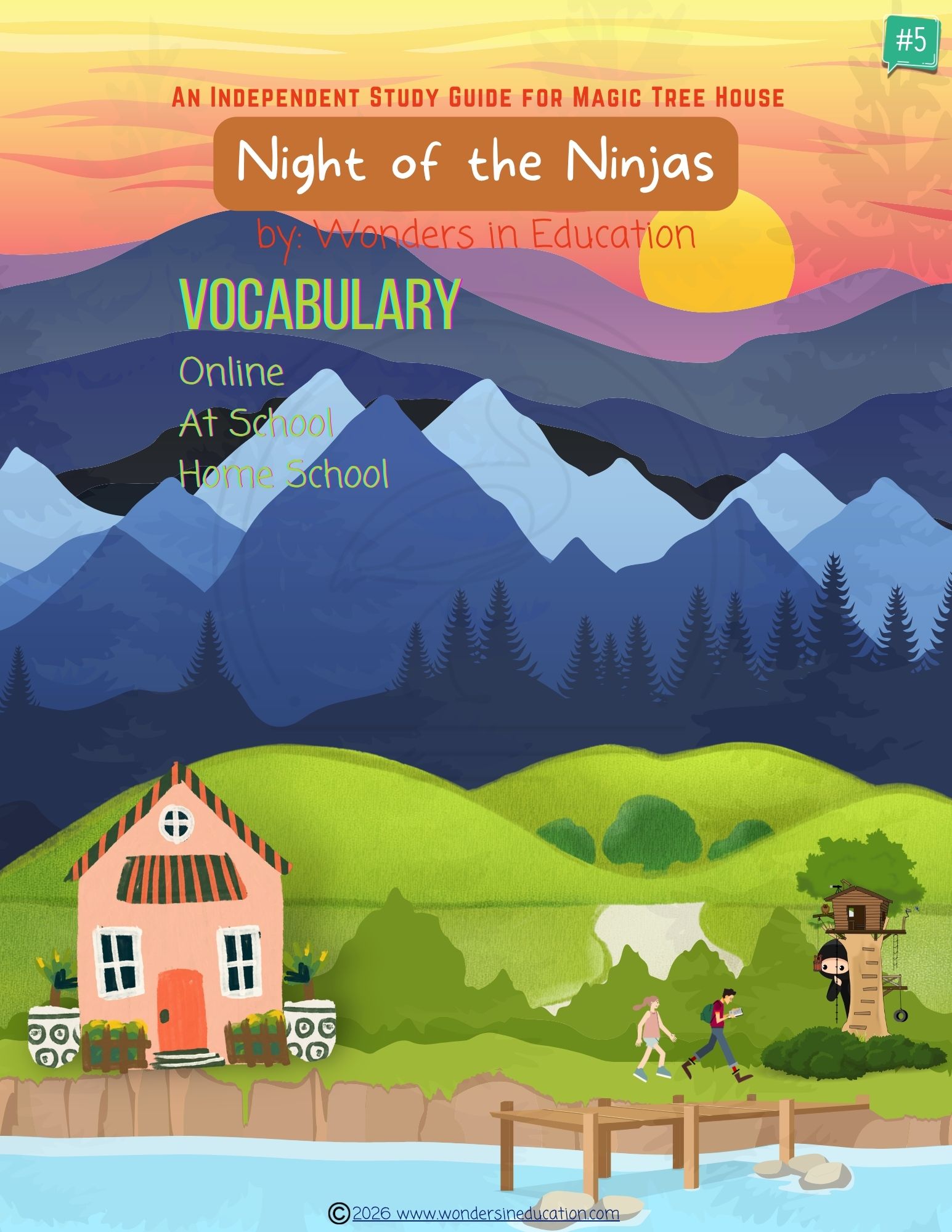 Cover of an independent vocabulary study guide for Magic Tree House Book 5 Night of the Ninjas by Wonders in Education, featuring a cartoon illustration of mountains, a house, children walking, and a treehouse.